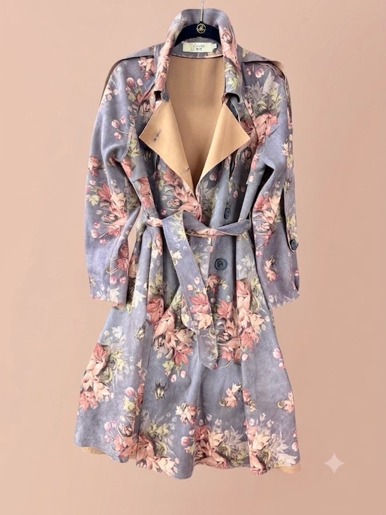 yi.ran Jackets & Blazers - yi.ran Floral Tencel Faux Suede Trench Coat Double Breasted Midi Belted Jacket L